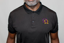 Load image into Gallery viewer, Polo Shirt  - Purple &amp; Gold Interlocking Omegas on Black (Athletic Fit)
