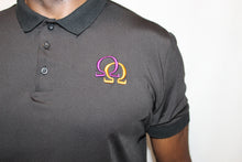 Load image into Gallery viewer, Polo Shirt  - Purple &amp; Gold Interlocking Omegas on Black (Athletic Fit)