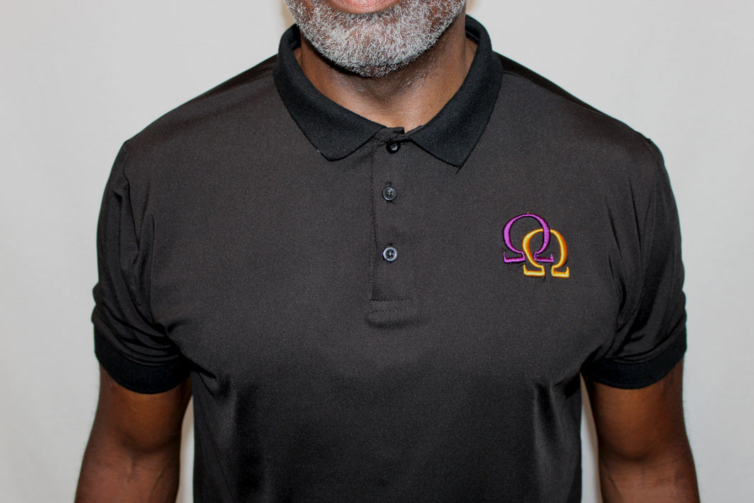Polo Shirt  - Purple & Gold Interlocking Omegas on Black (Athletic Fit)